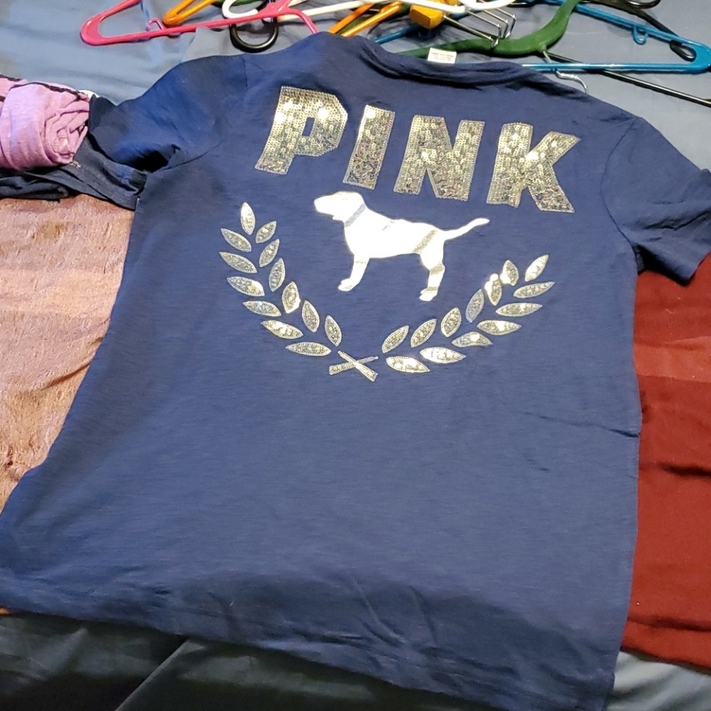 Nwot VS PINK Dark Blue Marled Sequin Campus Tee